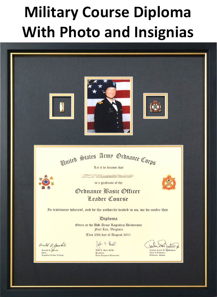 Framed Military Course Diploma With Photo and Insignias