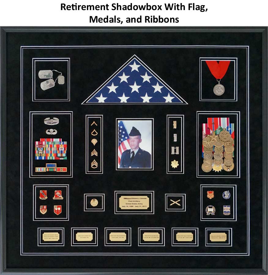 Framed Army Retirement Shadowbox with Flag, Ribbons, Insignias, and More